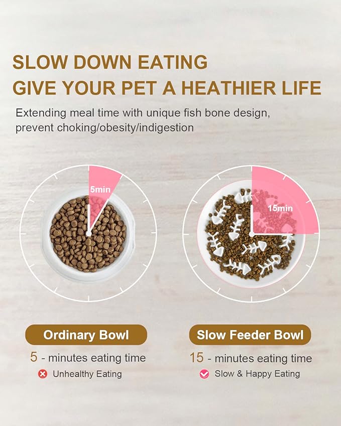 Raised Cat and Dog Slow Feeder Bowl With Stand, Ceramic Elevated Bowls for Healthy Eating Diet, Pet Puzzle Feeder, 3'' High, 8.5'' Wide