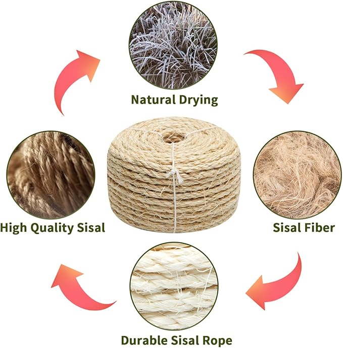 Natural Sisal Rope 1/4 Inch by 32-Feet for Cat Scratching Post Tree Tower Replacement Repair and Replace, DIY Hemp Twine Rope for Kittens Shelves Furniture Window Bed Perch House, 6mm by 10m