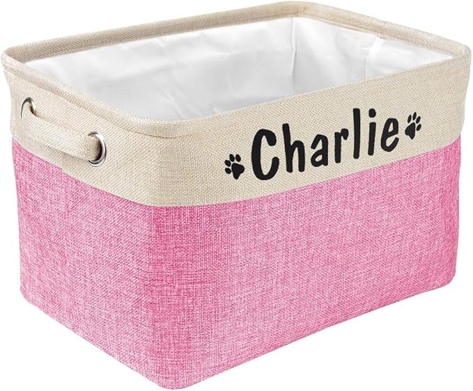 PET ARTIST Collapsible Pet Toy Storage Basket Bin - Personalized with Pet's Name, Rectangular Storage Box Chest Organizer for Toys, Coats, Clothing & Accessories, Pink