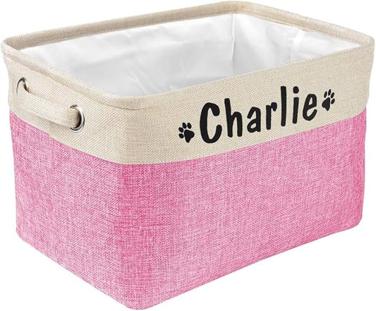 PET ARTIST Collapsible Pet Toy Storage Basket Bin - Personalized with Pet's Name, Rectangular Storage Box Chest Organizer for Toys, Coats, Clothing & Accessories, Pink