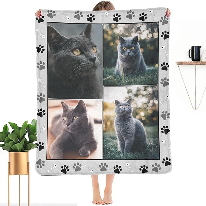 Custom Blanket with Photos for Cat Mom Ever, Personalized Blankets with Picture for Pets Lover Family Women Men Souvenirs, 4 Photos Collage, Made in USA