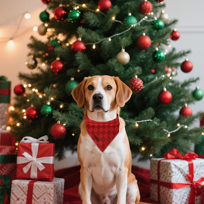 Lionet Paws Christmas Dog Bandana Washable Cotton Handkerchief Scarf Triangle Christmas Red Plaid Dog Bandanas for Medium Large Dogs Girl Boy