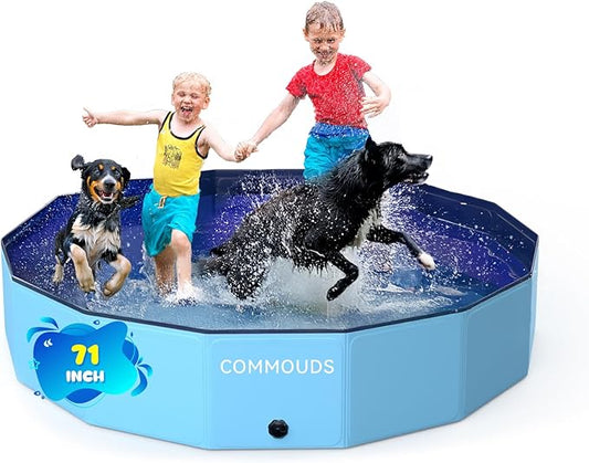 COMMOUDS Foldable Dog Pool, Collapsible Hard Plastic Dog Kiddie Swimming Pool, Portable Pet Bath Tub Wading Pools for Kids and Puppy Small Medium Large Dogs(71inch.D x 12inch.H)