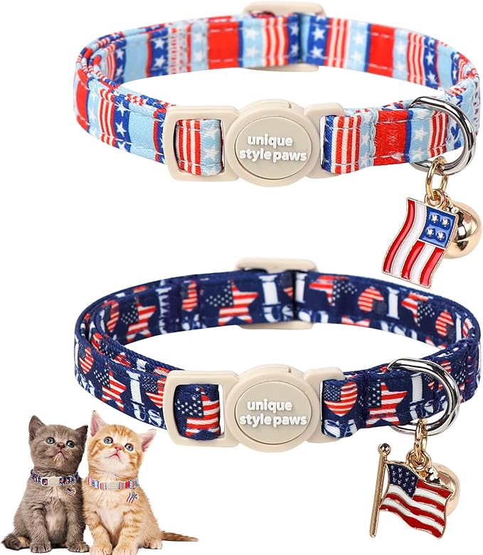 Unique Style Paws 4th of July Cat Collar,Cute Cat Collars with Love USA Pattern,Patriotic Kitten Collar with Breakaway Buckle,Ideal Gift for Boy Girl Cats
