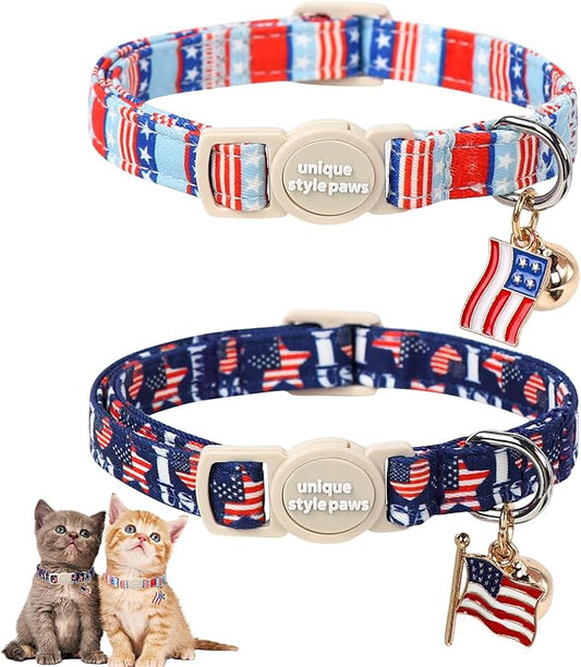 Unique Style Paws 4th of July Cat Collar,Cute Cat Collars with Love USA Pattern,Patriotic Kitten Collar with Breakaway Buckle,Ideal Gift for Boy Girl Cats