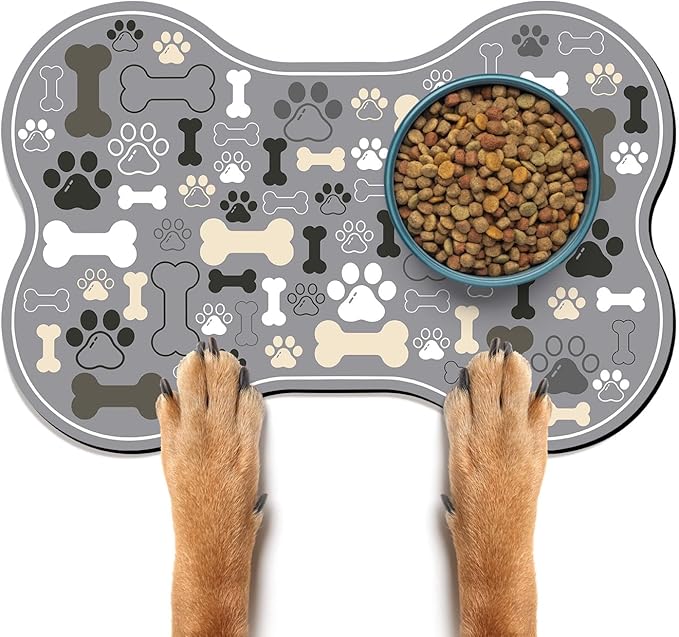 Dog & Cat Food Mat Bone Shaped Pet Feeding Mat Quick Absorb Water Bowl Placemat with Rubber Backing Indoor Floor Stain Resistant Pet Accessory Supplies (Gray, 12x18 Inches)