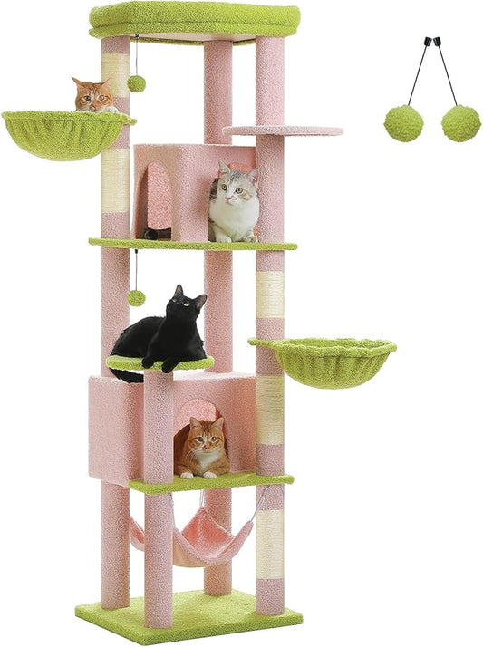 71.2 Inches Flower Tall Cat Tree for Large Cats, Multi-Level Cat Tower with 2 Cozy Condos, Super Large Top Perch, 3 Hammocks, Sisal Scratching Posts and 2 Pompoms, Pink