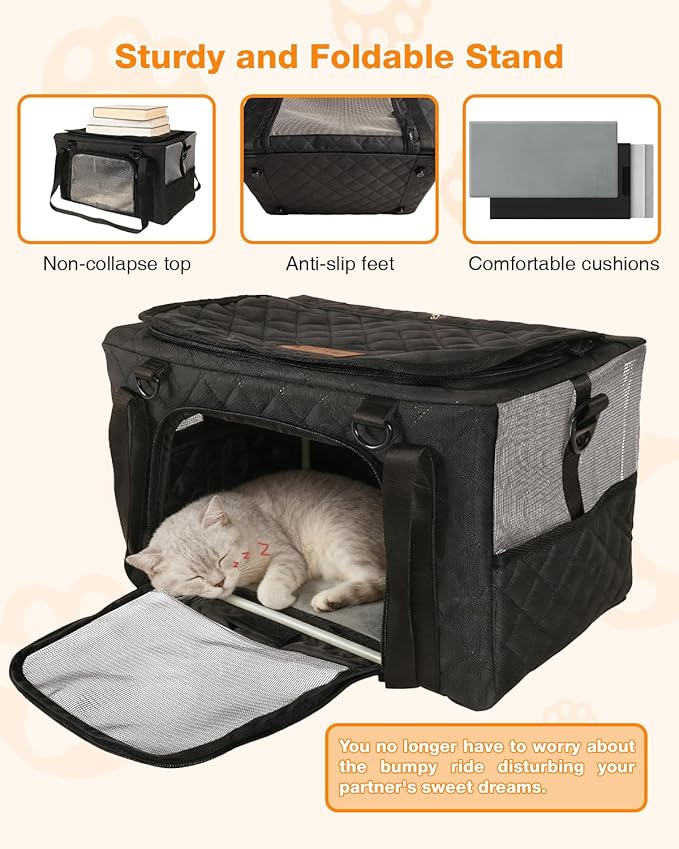 PETUX Airline Approved Cat Carrier for Small Cat - 16" x 10" x 9.5", Double Anti-Escape, Collapsible, Underseat, Under 10 lb with Removable Snack Bag, Safety Buckle, Leash - Ideal for Travel - Grey