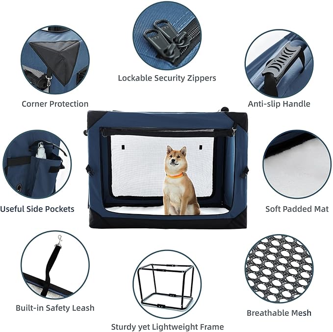 Pettycare 42 Inch Collapsible Dog Crate for Large Dogs, 4-Door Foldable Soft Side Kennel with Chew Proof Mesh Windows, Indoor & Outdoor Travel Crate, Navy Blue