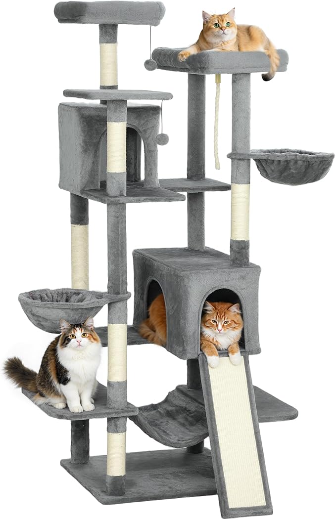 PawHut Cat Tree, 69" Multi-Level Large Cat Tower with 8 Scratching Posts, 2 Condos, 3 Hammocks, Scratching Ramp, 3 Perches, Dangling Toys, Activity Center for Indoor Kittens, Dark Gray
