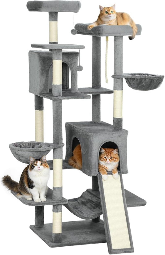 PawHut Cat Tree, 69" Multi-Level Large Cat Tower with 8 Scratching Posts, 2 Condos, 3 Hammocks, Scratching Ramp, 3 Perches, Dangling Toys, Activity Center for Indoor Kittens, Dark Gray