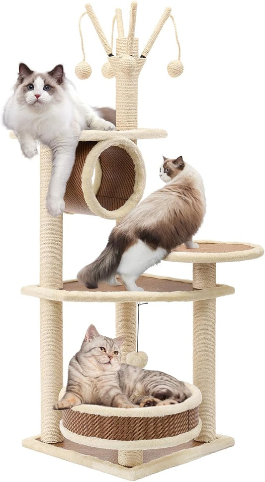 Rattan Cat Tree House with Scratching Post,Wicker Basket,Bed,and Stand Modern Cat Climbing Tower Condo for Indoor Large Adult Cat
