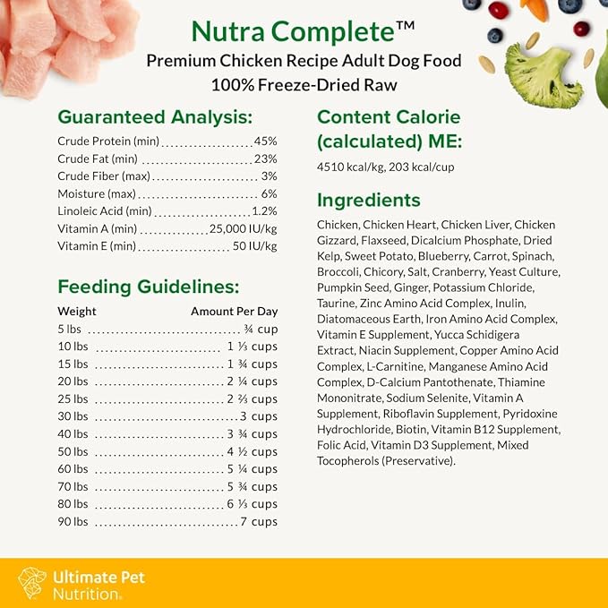 ULTIMATE PET NUTRITION Nutra Complete Freeze Dried Raw Dog Food, Veterinarian Formulated with Antioxidants, Prebiotics & Amino Acids (3 Pound, Chicken)