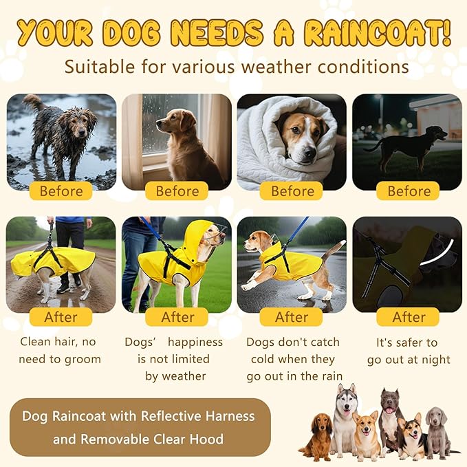 Dog Raincoat: Dog Rain Jacket with Reflective Harness & Removable Hood | Waterproof Dogs Rain Coat Poncho for Large Medium Small Dogs Puppies (Yellow - L)