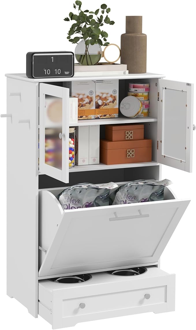 PawHut Dog Feeding Station with 2 Storage Cabinets, Elevated Dog Bowls, Side Hooks, Anti-tip Kit, Hidden Pet Feeder Station for Feeding & Watering, White