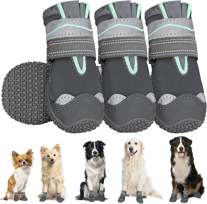 SlowTon Dog Shoes for Large Small Medium Dogs - Waterproof Dog Boots for Summer Hot Pavement, Paw Protector for Outdoor Walking Winter Snow, Anti-Slip Rubber Dog Booties for Hardwood Floor (GY, 7)