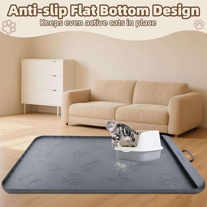 Silicone Cat Litter Mat with Collection Pocket, 42" x 28" Large Cat Litter Box Mat Waterproof Anti-Slip Litter Trapping Mat with Edge and Handle Pet Placemat for Floors (Dark Grey)