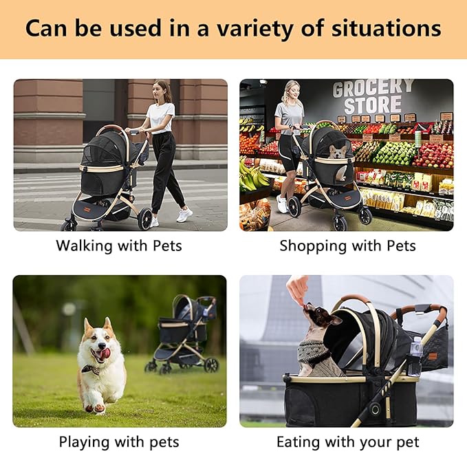Pettingzoo Dog stroller with 4 Wheels, Folding Cat Stroller for Small/Medium/Large dogs & cats to 60 lbs, pet stroller with removable carrier, Storage Basket,Cup Holder,3 in1 Multifunctiona Detachable