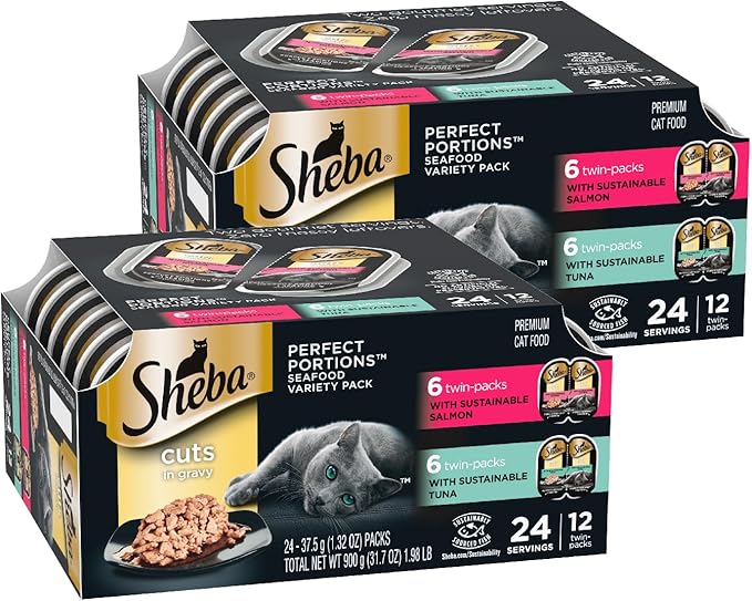 Sheba Perfect Portions Wet Cat Food Cuts in Gravy, with Sustainable Salmon, and with Sustainable Tuna, 2.6 oz. Twin-Pack Trays (12 Count, 24 Servings)