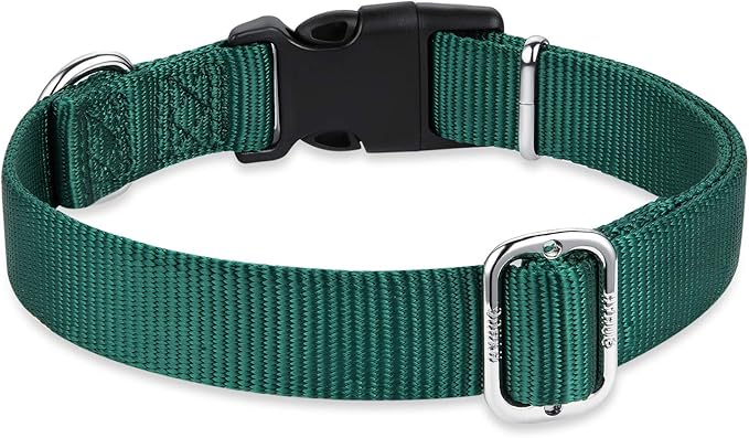 Hyhug Pets Solid Color Classic Regular Heavy Duty Basic Collar for Medium Dogs Daily Use, Unique Design Adjustment Triglide Slide (Buckle) Can Attached Name Tag Accessories. (Medium, Dark Green)