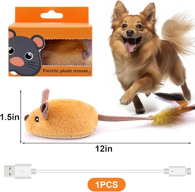 BABORUI Interactive Dog Toys Mouse, Escaping Mice Squeaky Dog Toys with Lights & Auto-Turn, Rechargeable Moving Dog Toy for Small/Medium/Large Dogs & Cats (Yellow)