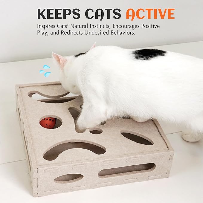 PETKARAY Felt Cat Puzzle Toy, Interactive Cat Toys for Indoor Cats, Interactive Maze for Kitten Felt Puzzle Box with Ball, Beige