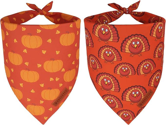 ADOGGYGO Thanksgiving Dog Bandanas 2 Pack, Reversible Pumpkin Turkey Pet Scarf, Premium Fabric, Adjustable Fit Orange Thanksgiving Bandanas for Small Dogs (Small)