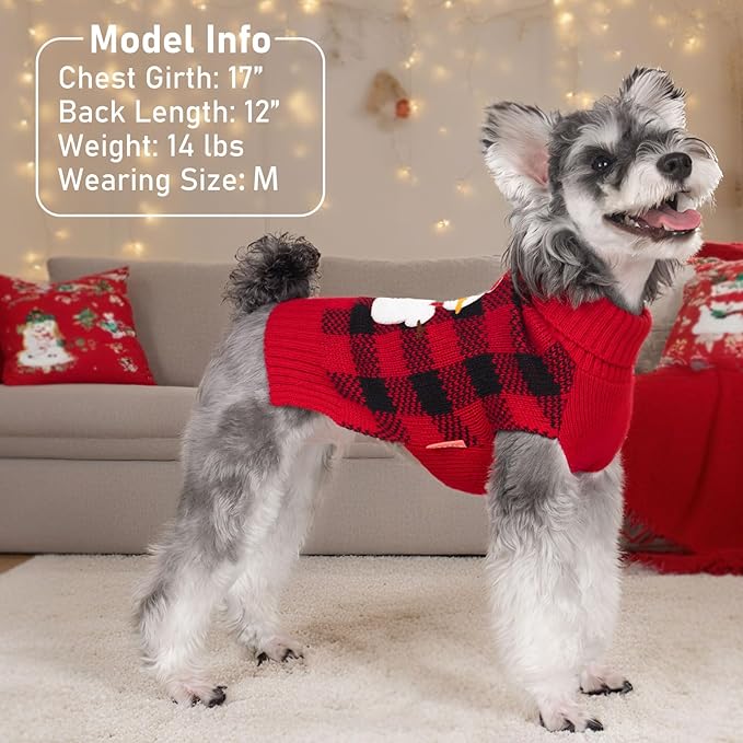 KYEESE Dog Christmas Sweater with Snowman Design, Turtleneck Dog Sweater for Small Dogs, Red Buffalo Plaid Knitwear, Cozy Winter Holiday Outfit with Leash Hole, Warm Soft Pet Clothes, Medium
