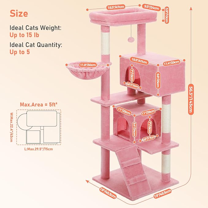 Pink Cat Tree for Indoor Cats, 2 Cozy Condos with Spacious Top Perch, 56.3-Inch Multi-Level Cat Tower with Scratching Posts, 2 Caves, Plush Hammock and Climbing Ramp