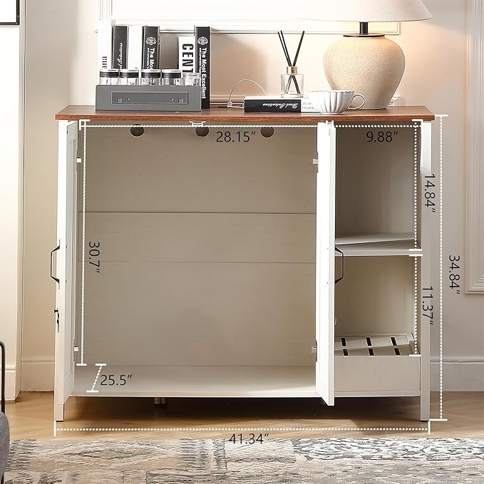 Large Cat Litter Enclosure with Litter Collector, Enclosure for self-Cleaning Litter Boxes,Adjustable Shelf for Dog Proof,Charging Station,Locks Added for cat,Cat House,Antique White