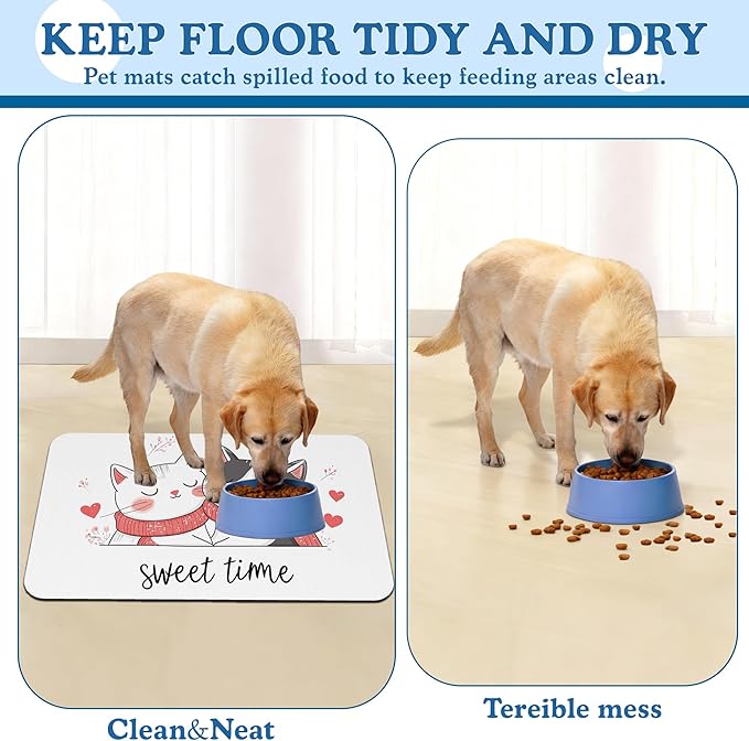 Sweet Cat Lovers Dog Cat Food Mat–Absorbent Waterproof Placemat for Food and Water Bowls, Non Slip Rubber Backing, Feeding Mat for Clean Floors 16"x24"