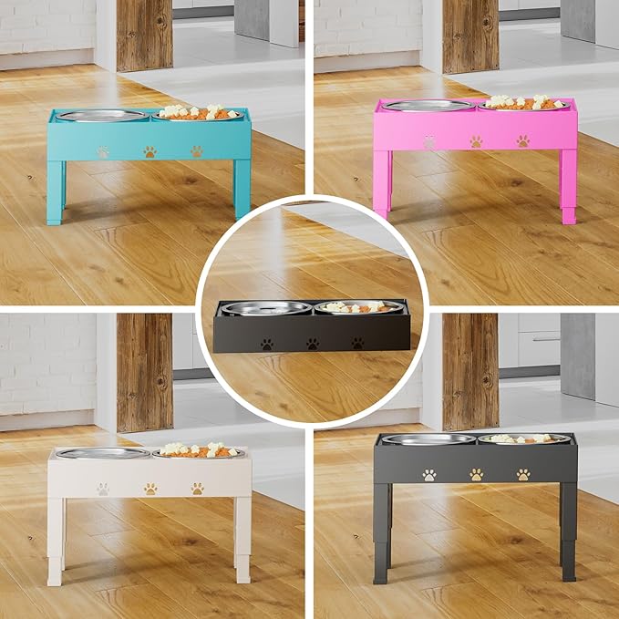 Elevated Dog Bowls with Mat, Raised Dog Food Bowl Stand with 2 Stainless Steel Bowls, 5 Height Adjustable (3.1", 9", 10", 11", 12") Non-Slip Feeder Set for Medium and Large Dogs – Apricot