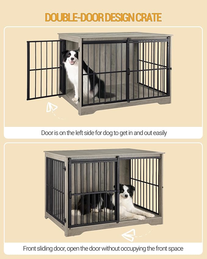 XL Large Dog Crate Furniture, 44.1" Indoor Dog Kennel Furniture with Barn Door, Wooden Tall Dog Crate, Heavy Duty Dog Cage for Large Dogs, Side End Table, Anti-Chew, Greige Black DFC80105B