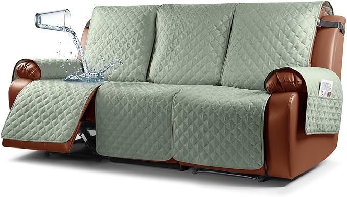 Ruaozz Waterproof Recliner Sofa Cover 1-Piece Couch Covers for Reclining Couches Reclining Sofa Cover Washable Furniture Protector with Elastic Straps Pocket for Kids, Pets (Sage Green, 3 Seater)