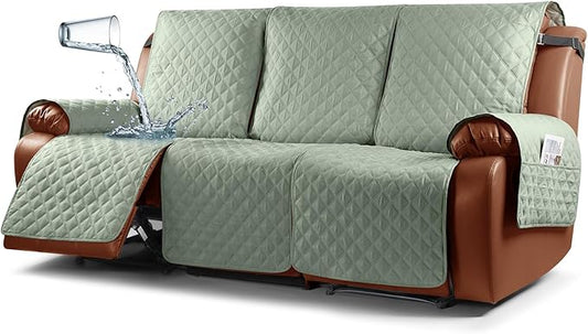 Ruaozz Waterproof Recliner Sofa Cover 1-Piece Couch Covers for Reclining Couches Reclining Sofa Cover Washable Furniture Protector with Elastic Straps Pocket for Kids, Pets (Sage Green, 3 Seater)