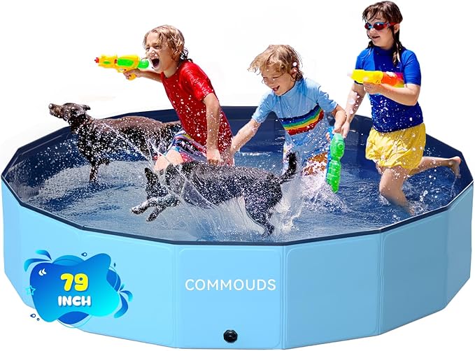 COMMOUDS Foldable Dog Pool, Collapsible Hard Plastic Dog Kiddie Swimming Pool, Portable Pet Bath Tub Wading Pools for Kids and Puppy Small Medium Large Dogs(79inch.D x 16inch.H)