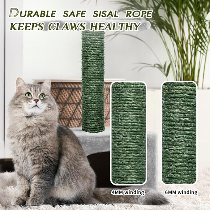 Green Sisal Rope 1/4 Inch by 98-Feet for Cat Scratching Post Tree Tower Replacement Repair and Replace, DIY Hemp Twine Rope for Kittens Shelves Furniture Window Bed Perch House Climbing, 6mm by 30m