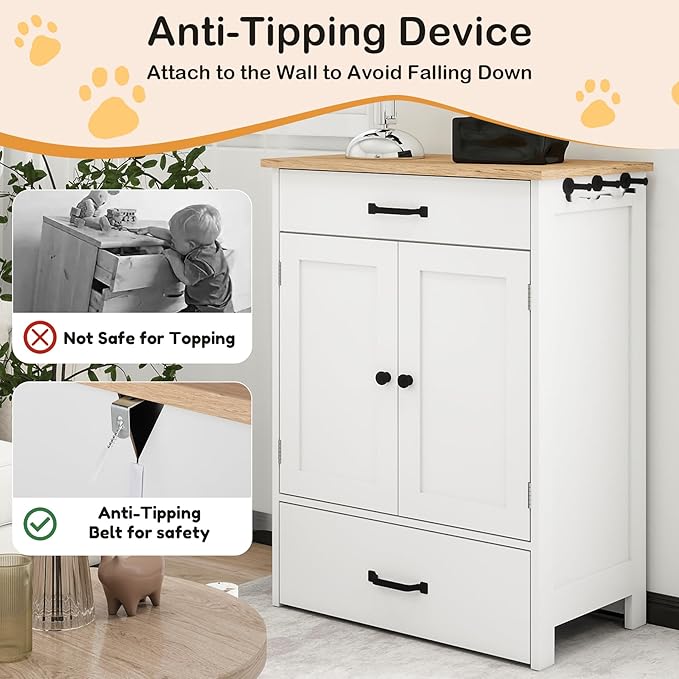 Dog Feeding Station with 2 Elevated Dog Bowls, Food Storage with Adjustable Shelf and Sliding Drawer, Hidden Pet Feeder Station for Cats and Dogs, White