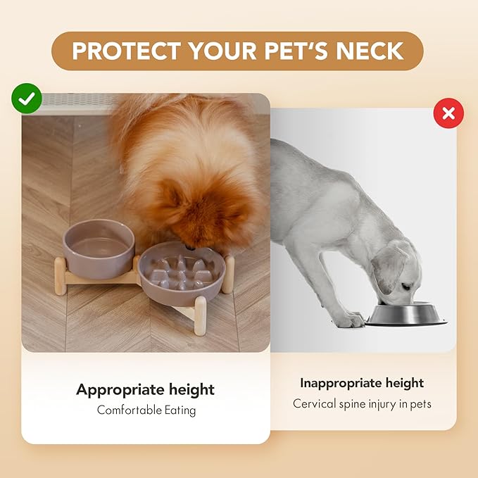 Ceramic 0.9 Cup Raised Slow Feeder Dog Bowl Set, Elevated 5.1inch Bowl and 6.1inch Slow Pet Food Dish with Wooden Stand for Small Dog and Cat(2 x Brown Coffee+ Stand)
