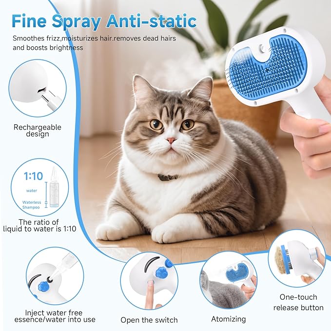 Pet Steam Brush for Dog & Cat - 3-in-1 Steam Grooming Slicker Brush & Undercoat Rake for Shedding - Self Cleaning Spray Comb with Mist for Long & Short Haired Pets - Includes Waterless Shampoo, Blue