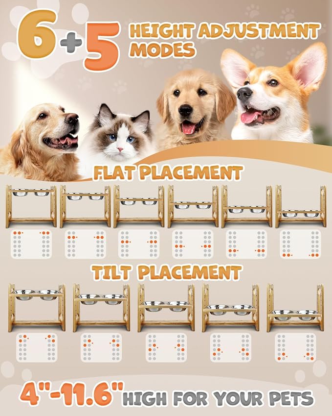 Elevated Dog Bowls, Adjustable Raised Dog Bowl Stand for Medium Size Dogs and Cats, Durable Bamboo Dogs Feeder with 2 Stainless Steel Bowls and Non-Slip Feet, Pet Food Bowl for Medium Sizes