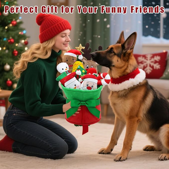 Squeaky Dog Toys, 11 Pcs Christmas Interactive Dog Toy Collection in Flower Bouquet Packaging,10 Adorable Animal Plush Toy