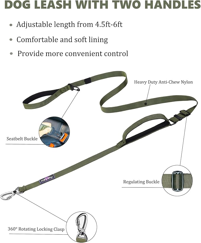 Hotsky Heavy Duty Dog Leash,4.5-6 FT Adjustable Durable Nylon Seatbelt Lead with Two Padded Traffic Handle and Carabiner for Large Medium and Small Breed Dogs,ArmyGreen