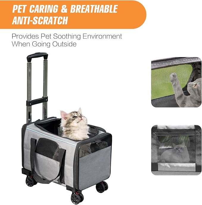 Pet Carrier with Wheels - Soft-Side Wheeled Cat Carrier for Dogs with Telescopic Handle, Collapsible Rolling Pet Travel Bag Carrier for Large Cats Small Medium Dogs for Camping Vet Visiting Grey