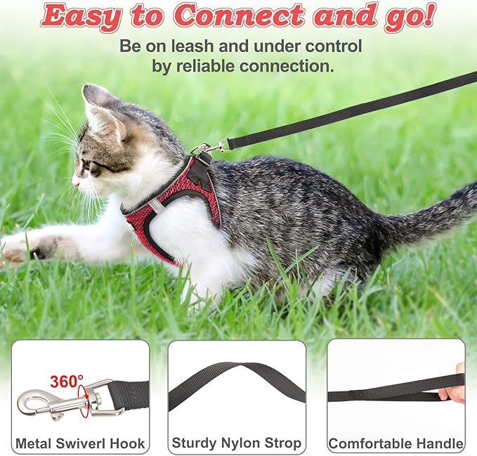 Cat Harness and Leash for Walking Escape Proof, Adjustable Kitten Vest Harness Reflective Soft Mesh Puppy Harness for Outdoor, Comfort Fit, Easy to Control (Red, S)