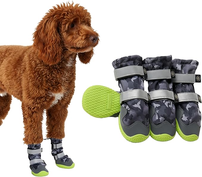 Spark Paws Dog Shoes, Waterproof Dog Boots for Medium to Large Dogs, Non Slip, Breathable Dog Booties and Paw Protectors - 4PCS Doggie Hiking Boots with Reflective Straps, Gray Camo, Size 4