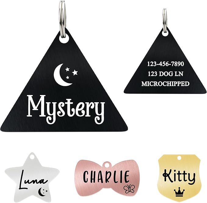 Ultra Joys Personalized Cat Collar Name Tag Small Pet ID Tags for Cats - Customized Mini Cute Dog Cat ID Tag - Bothside Engravable Lightweight Durable Stainless Steel - Triangle Tag in Black