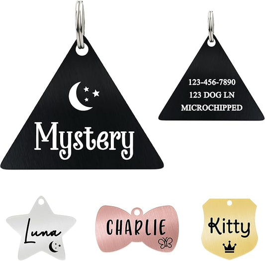 Ultra Joys Personalized Cat Collar Name Tag Small Pet ID Tags for Cats - Customized Mini Cute Dog Cat ID Tag - Bothside Engravable Lightweight Durable Stainless Steel - Triangle Tag in Black