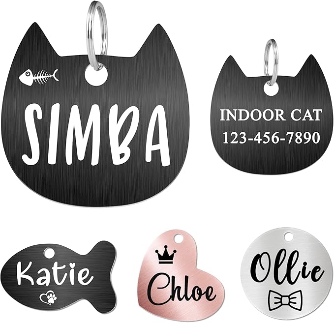 Ultra Joys Cat ID Tag Personalized Pet Tags, Durable Stainless Steel Small Pet Mini Dog Cat Tag Lightweight - Cathead Tag in Black