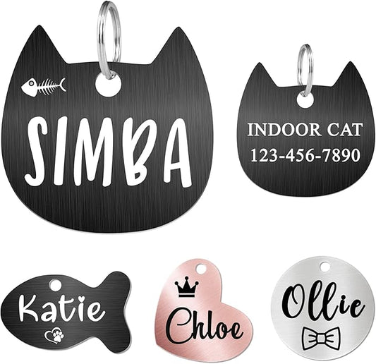 Ultra Joys Cat ID Tag Personalized Pet Tags, Durable Stainless Steel Small Pet Mini Dog Cat Tag Lightweight - Cathead Tag in Black